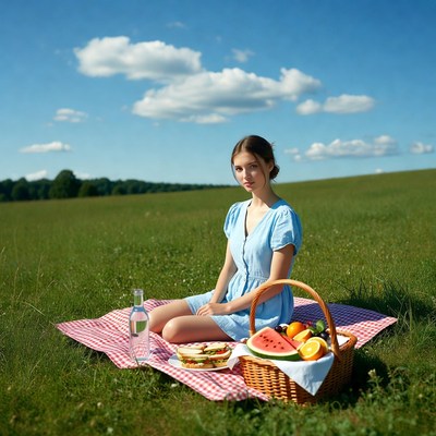 Young woman at picnic in field