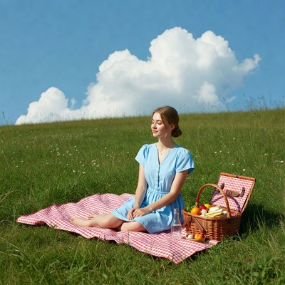 Woman on picnic blanket in field
