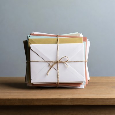 Stack of colorful envelopes tied with twine
