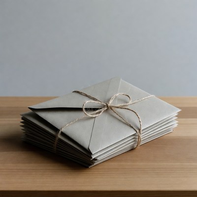 Stack of gray envelopes tied with twine