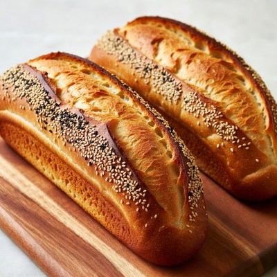 Sesame seed baguettes on wooden board