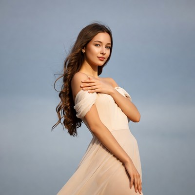 Woman in flowing off-shoulder dress