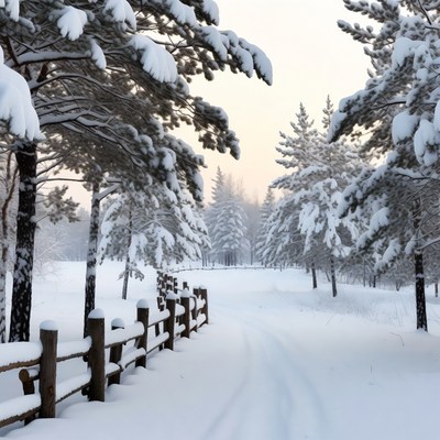 Snowy Path Through Pine Trees