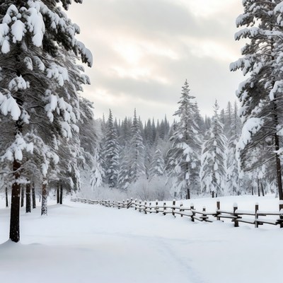 Snowy Pine Forest with Wooden Fence