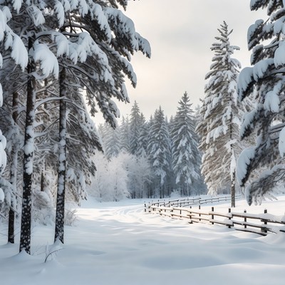 Snowy Pine Forest Path with Fence