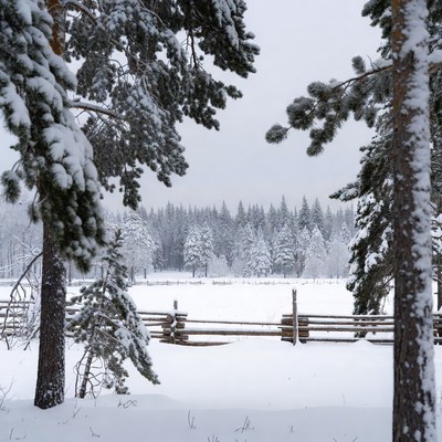 Snowy Pine Forest with Wooden Fence