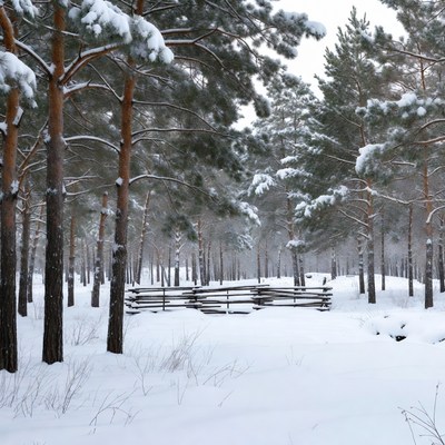Snowy Pine Forest with Wooden Fence