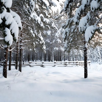 Snowy Pine Forest with Wooden Fence
