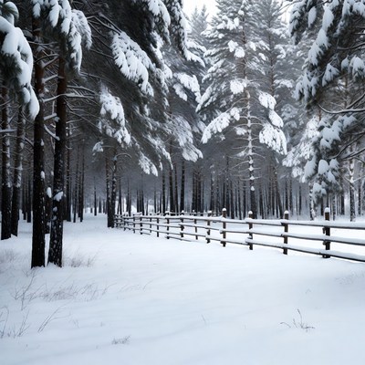 Snowy Pine Forest with Wooden Fence