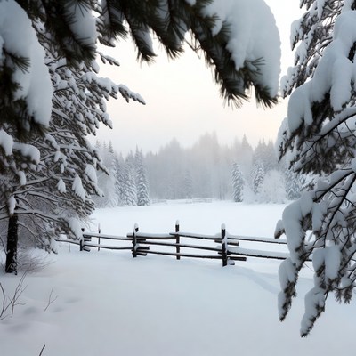 Snowy Pine Forest with Wooden Fence