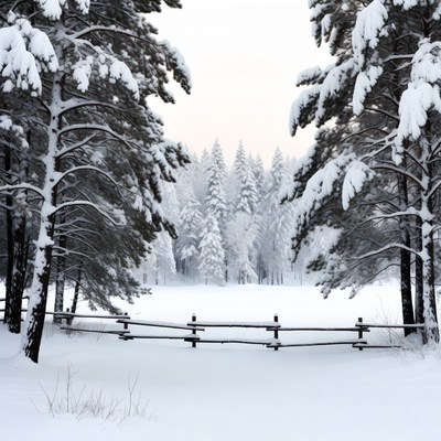 Snowy Pine Trees Framing Wooden Fence