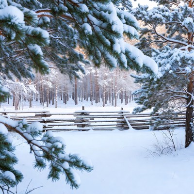 Snowy Pine Forest with Wooden Fence