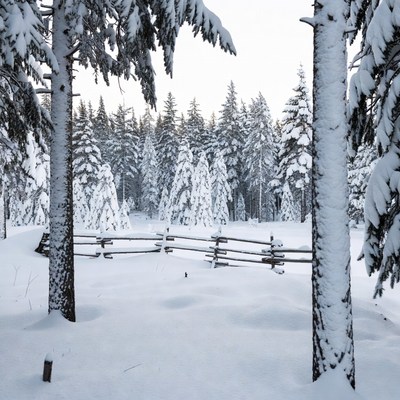 Snowy Pine Forest with Wooden Fence