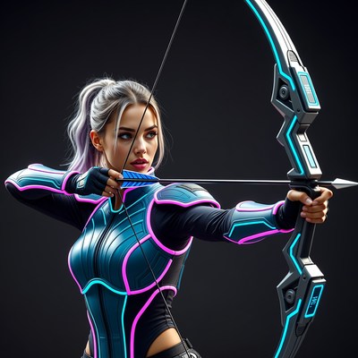 Woman drawing futuristic bow and arrow