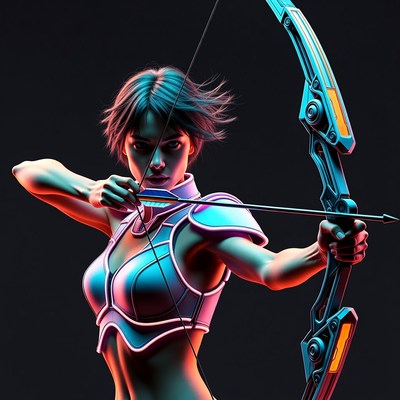 Woman drawing futuristic bow and arrow