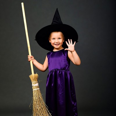 Girl in witch costume waving broomstick