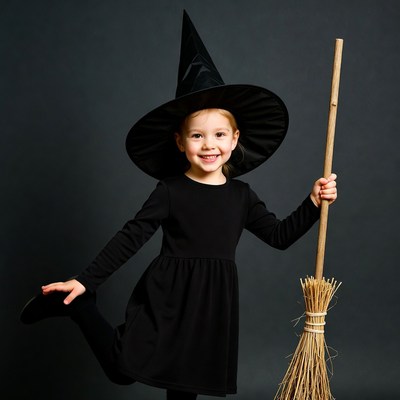 Girl in witch costume holding broom