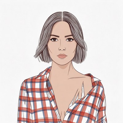 Woman in open plaid shirt