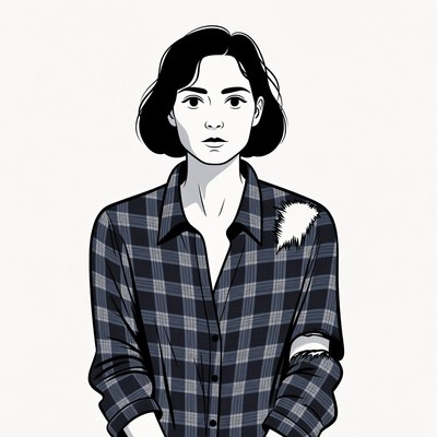 Woman in plaid shirt with torn sleeve