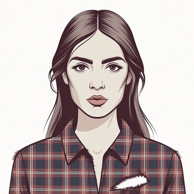 Woman in plaid shirt with feather pin