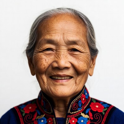 Elderly Asian woman smiling in embroidered dress