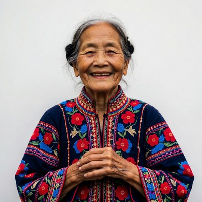 Elderly Asian woman in embroidered jacket