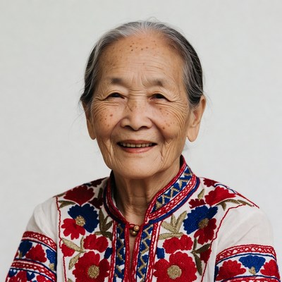 Elderly Asian woman in embroidered dress