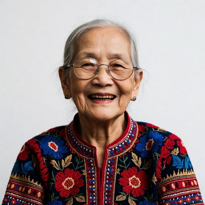 Elderly Asian woman in embroidered dress