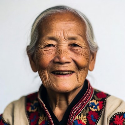 Elderly Asian woman smiling in traditional attire