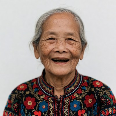 Elderly Asian woman smiling in embroidered dress