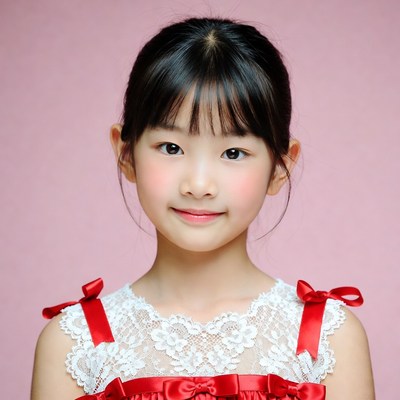 Asian girl in red lace dress