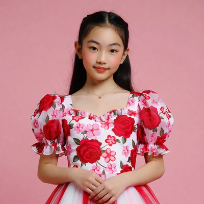 Asian girl in pink rose dress