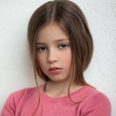 Girl with brown hair against white wall
