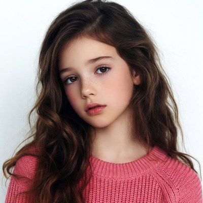 Girl with long brown hair in pink sweater