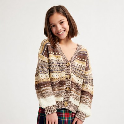 Girl wearing colorful knit cardigan