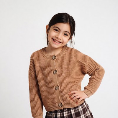 Smiling girl in tan cardigan