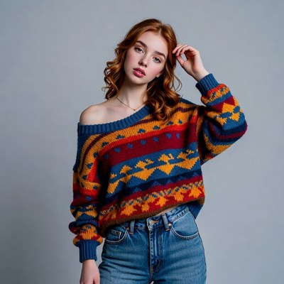 Redhead woman in colorful off-shoulder sweater