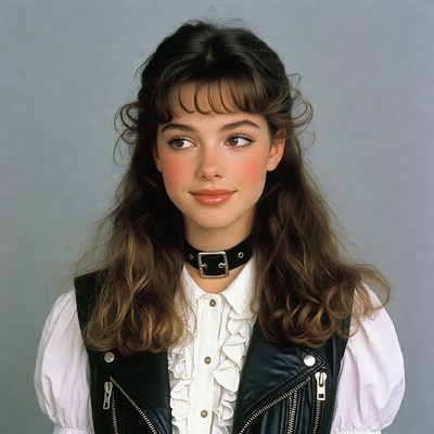Young woman in black choker and leather vest