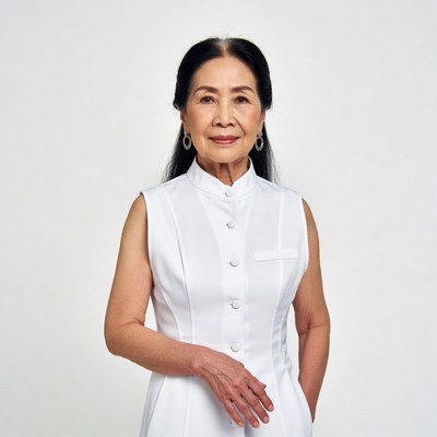 Asian woman in white sleeveless dress
