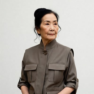 Asian woman in brown jacket