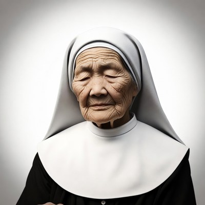 Elderly Asian nun in white habit