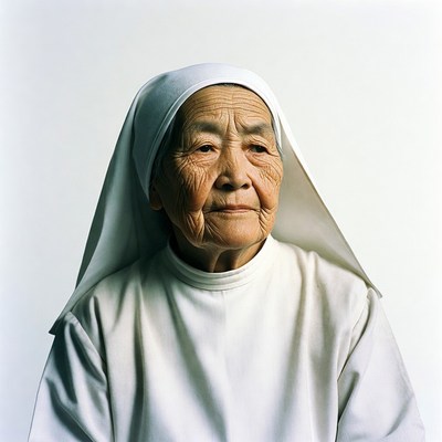 Elderly Asian nun in white habit
