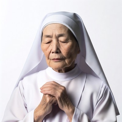 Elderly Asian nun praying