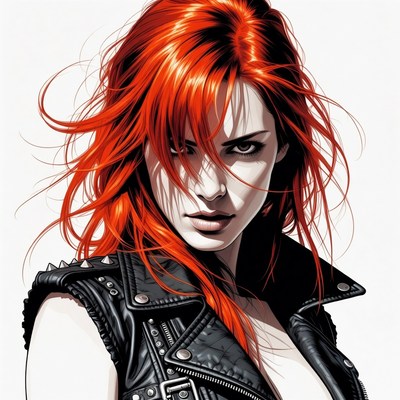 Woman with flowing red hair in leather vest