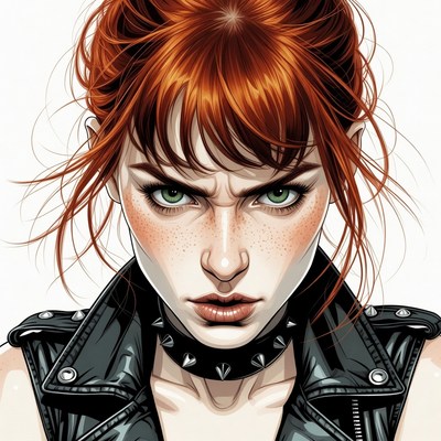 Redhead woman in leather jacket