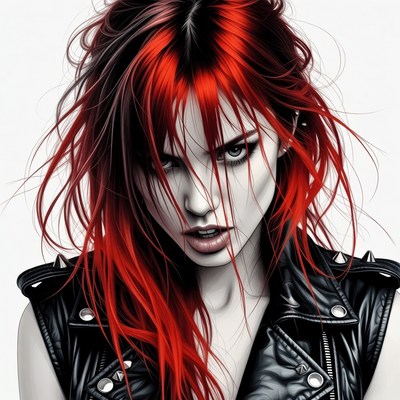 Woman with red black hair in leather vest