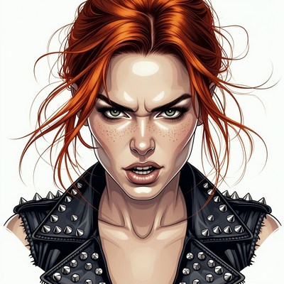 Redhead woman in spiked leather jacket