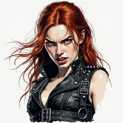 Redhead woman in leather jacket