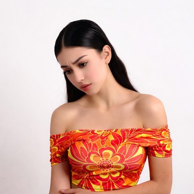 Asian woman in off-shoulder floral dress