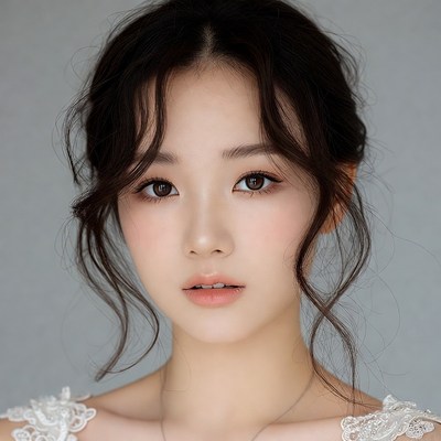 Asian woman in lace wedding dress